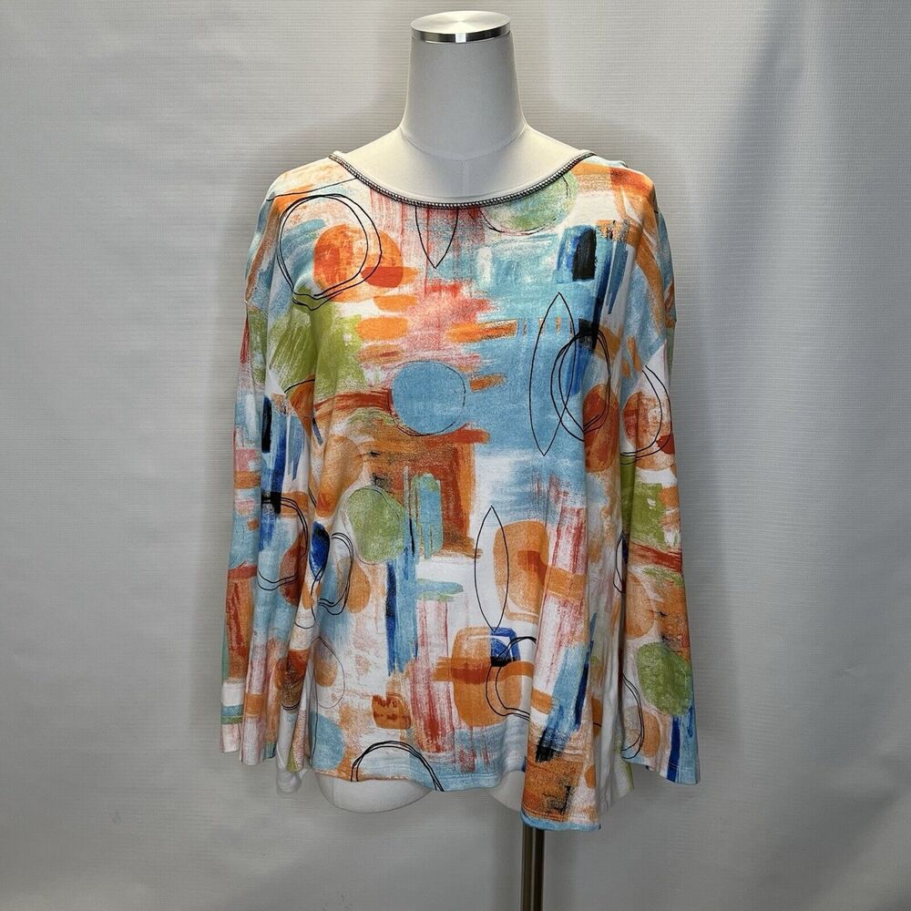 Jess Jane Shirt Women's XL Vienna Soft Knit 3/4 Sleeve Top Multicolor Art Wear